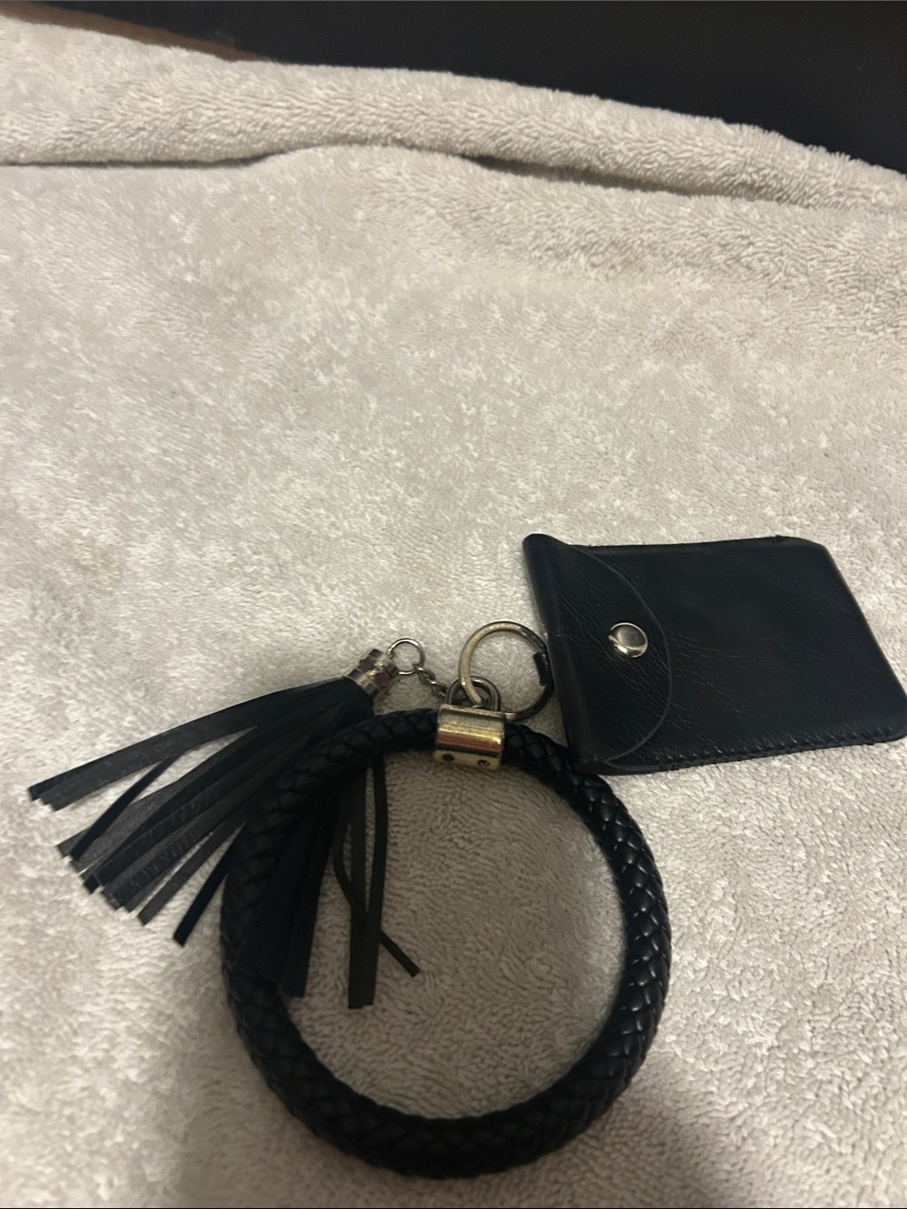 Black Braided Leather Keyring Bangle with Tassel and Card Pocket